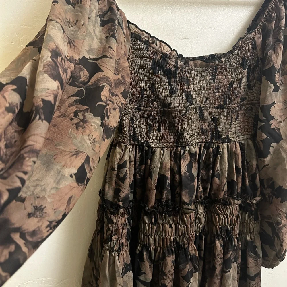 Carly Jean Los Angeles Smocked long sleeve Dress in Brown and Black - Picture 3 of 6